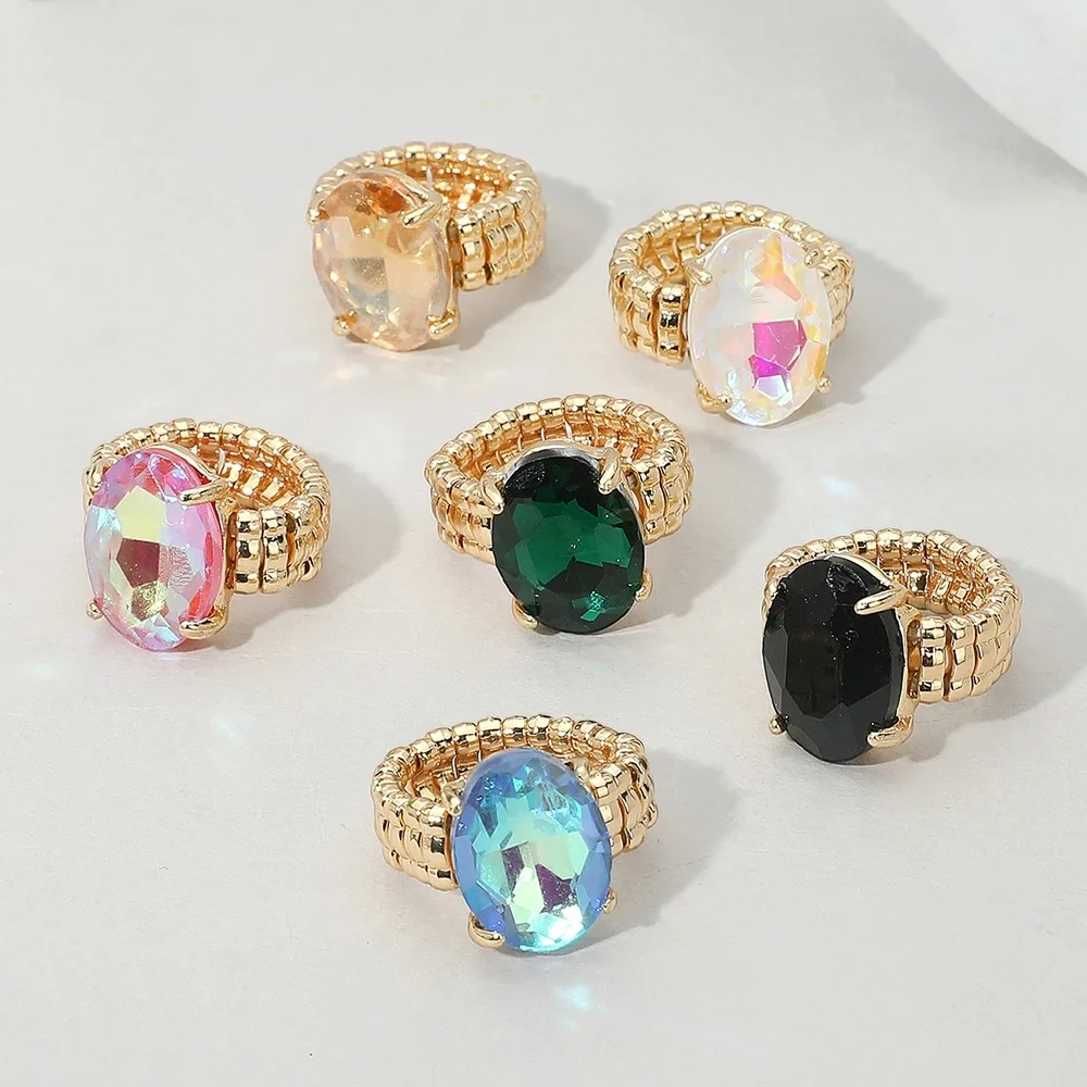 Abalone Hot Pink Oval Cut Crystal Stretch Ring Faceted Fashion Statement Jewelry